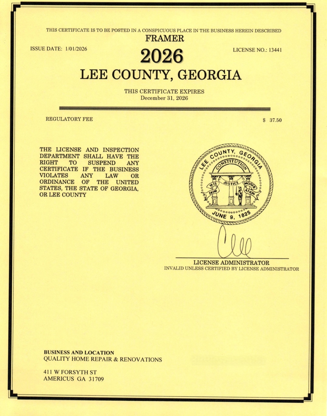 2023 Lee Co. Business License